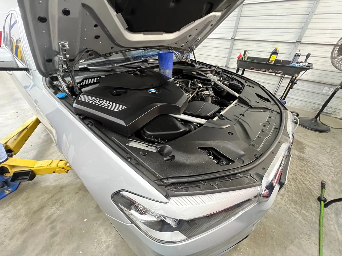 BMW engine bay during an oil service