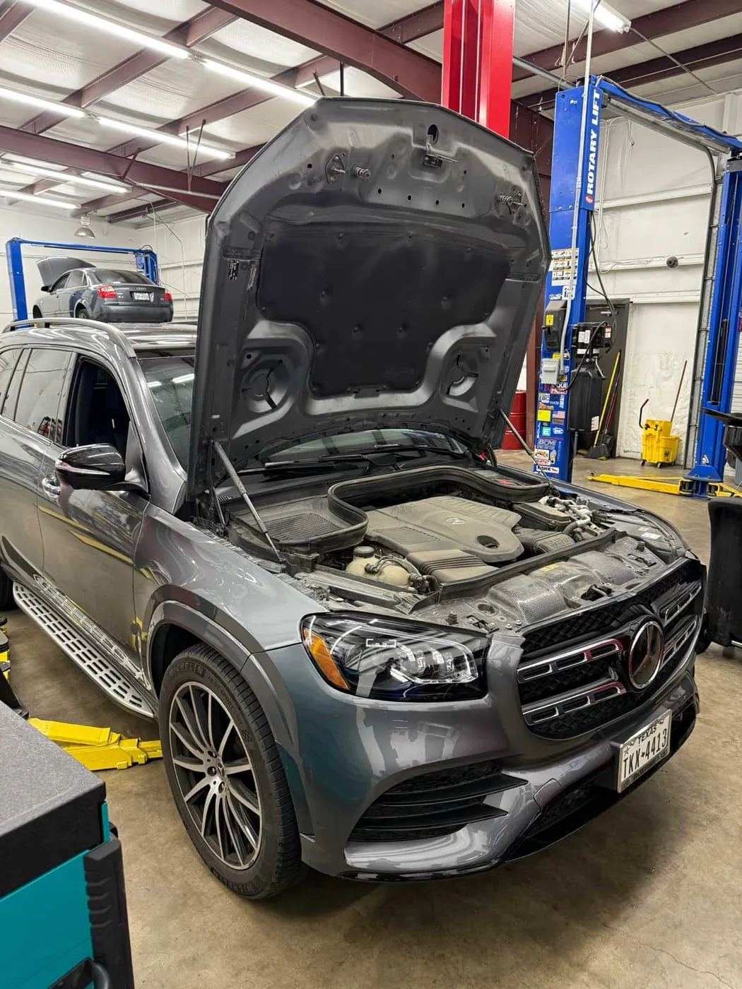 Mercedes with the hood up during a Service A/B visit